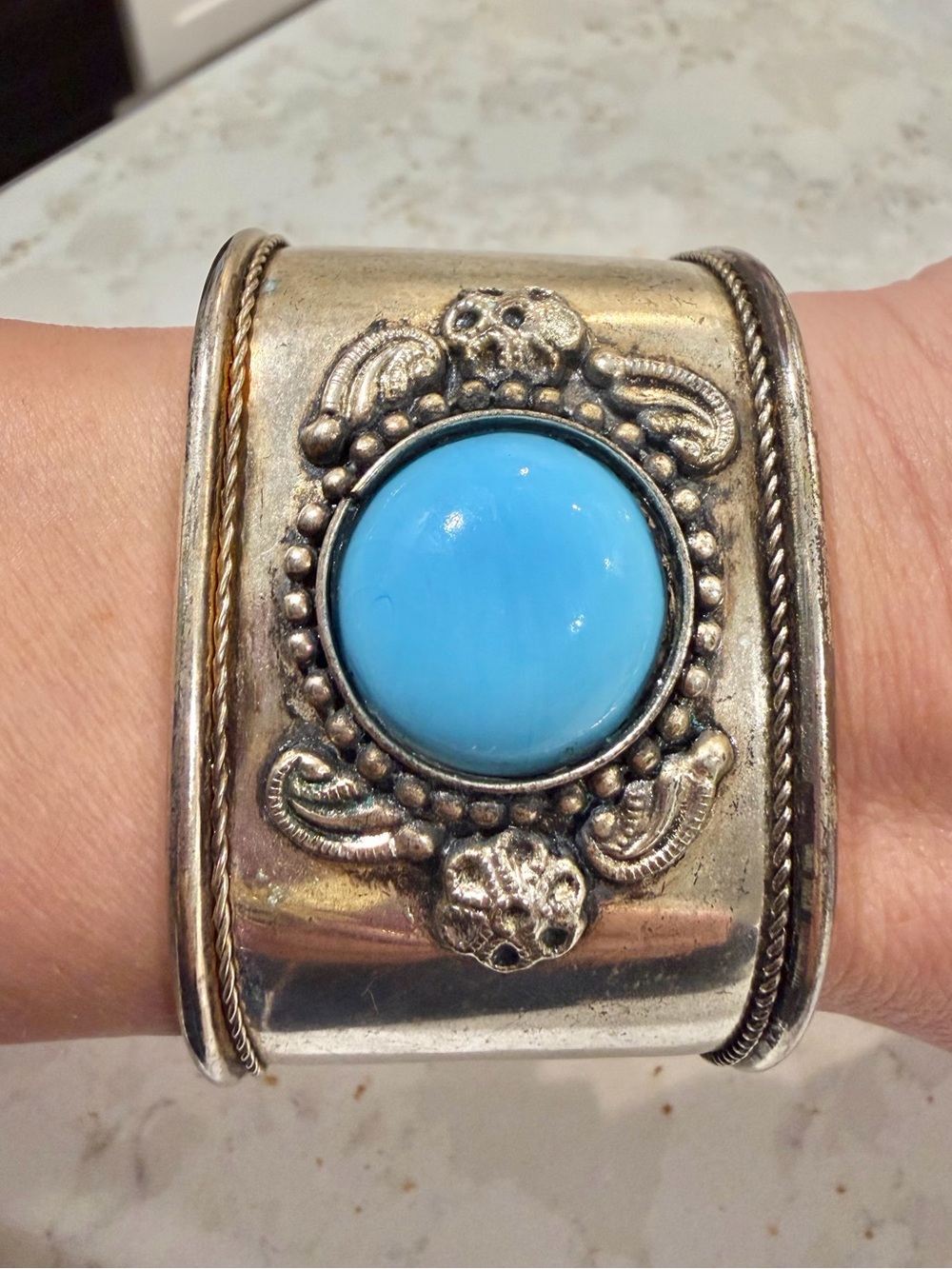 Silver-Tone Cuff Bracelet with Bright Blue Stone
